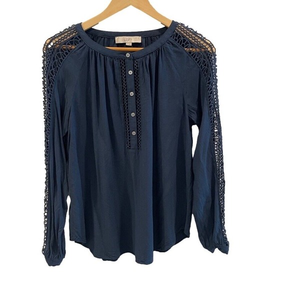 Ann Taylor LOFT Blouse Womens Small Arm Cutout Blue Long Sleeve - Picture 1 of 11